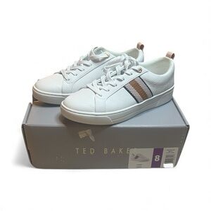 NWT Ted Baker Women’s White Sneakers with Tan and Pink Stripes sz 8